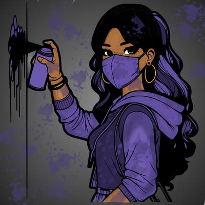 realistic girl with mask spray painting a wall