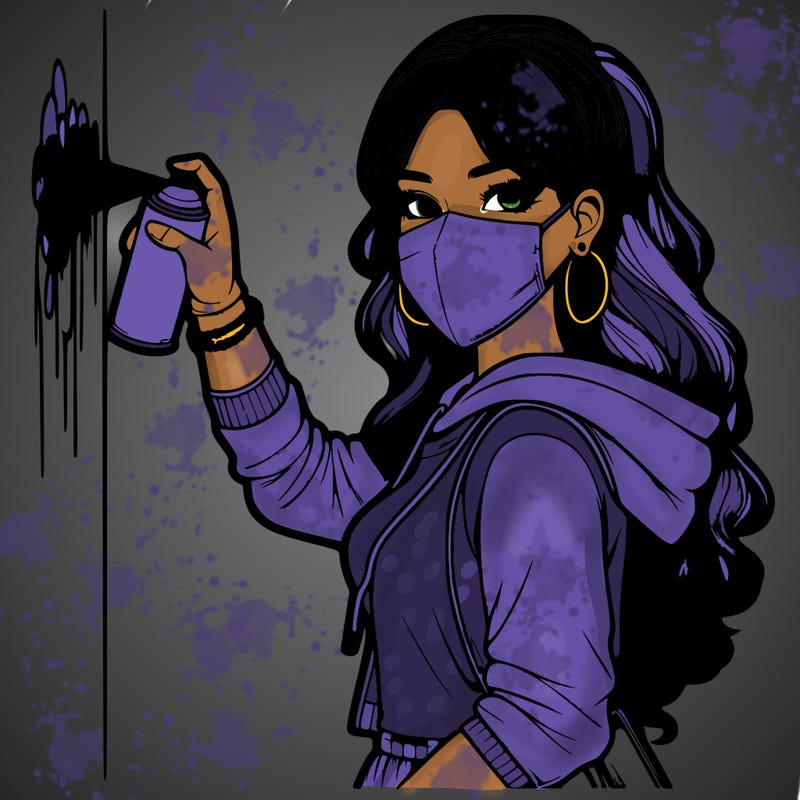 realistic girl with mask spray painting a wall