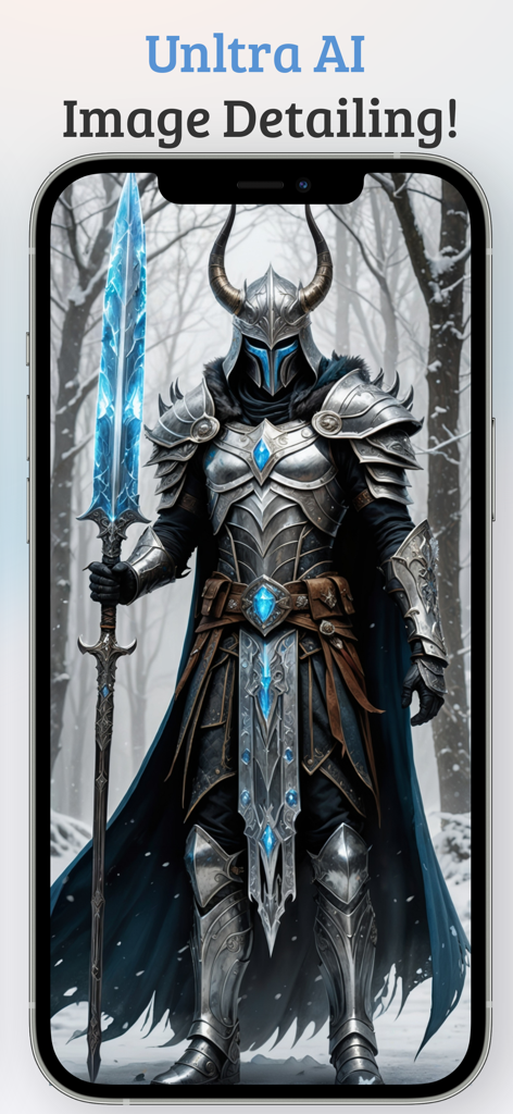 AI generated fantasy warrior in armor with glowing blue crystals and a spear in a snowy forest