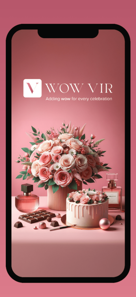 WOW VIR: Flowers Cakes & Gifts - Pantalla promocional de la aplicación WOW VIR con rosas rosadas, un pastel blanco, chocolates y botellas de perfume