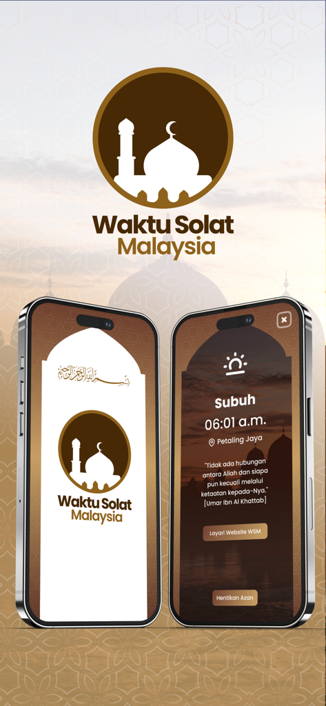 Waktu Solat Malaysia - Mobile screens of Waktu Solat Malaysia app displaying the splash screen and Subuh prayer notification