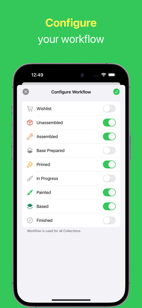 Figure Case - Hobby Progress - Schermata dell'app Figure Case per la configurazione del flusso di lavoro dei progressi dell'hobby con opzioni di attivazione per le fasi delle miniature come non assemblato, primerato e dipinto