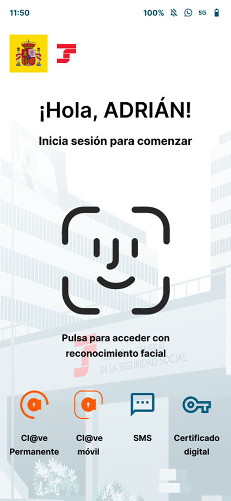 Login screen of the Importass app showing facial recognition and digital identification options