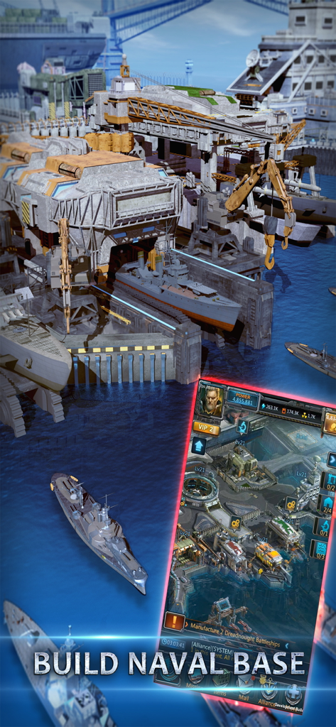 A 3D view of a naval base under construction with a mobile screen overlay for the game Battle Warship Naval Empire.