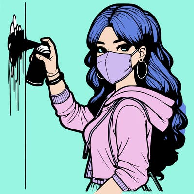 realistic girl with mask spray painting a wall