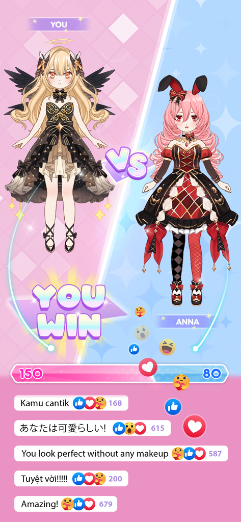 Anime Dress Up - Doll Dress Up - A fashion battle victory screen in Anime Dress Up showing two stylized anime characters and social media style comments.