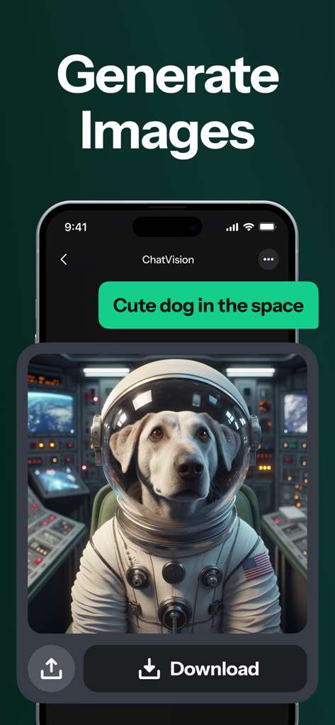 ChatVision - AI Chatbot Expert - ChatVision app interface displaying an AI generated image of a dog in a space suit