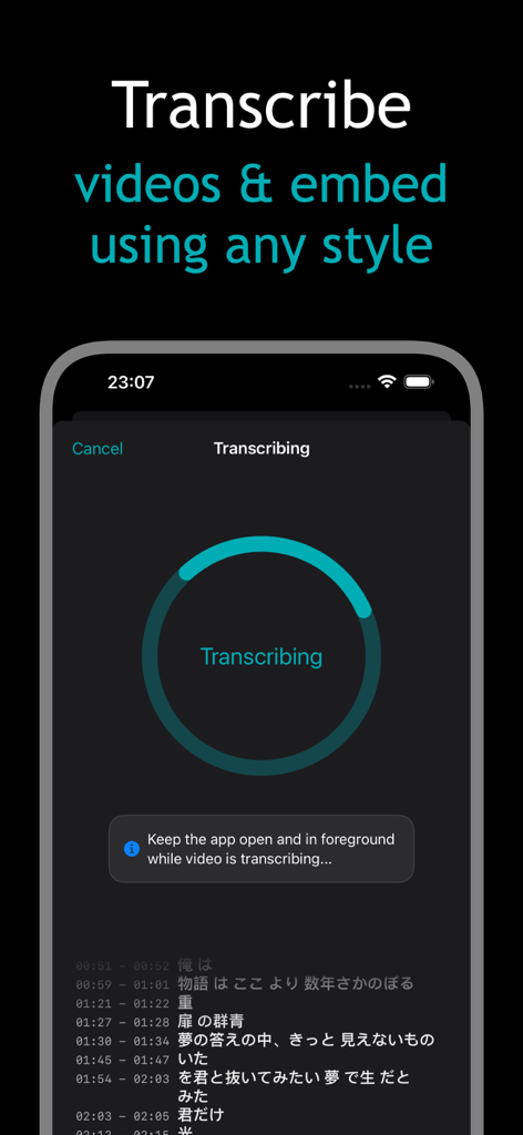 Captions Craft - The Captions Craft app interface showing an automated video transcription process with a progress ring and generated text lines.