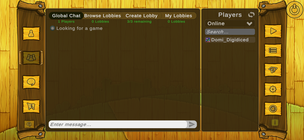 Bohnanza The Duel - Bohnanza The Duel multiplayer lobby showing the global chat and online players list with a wooden themed interface