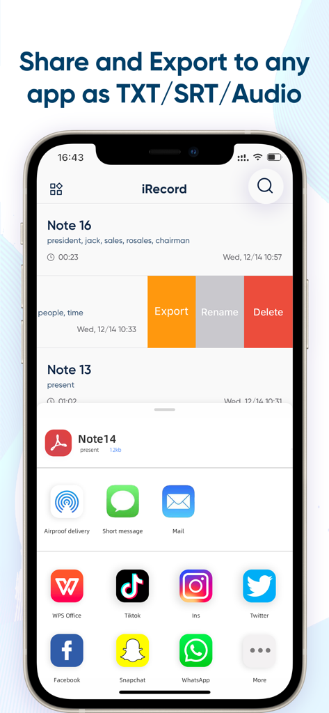 The iRecord app interface showing how to share and export voice memo transcripts to apps like WhatsApp and Twitter