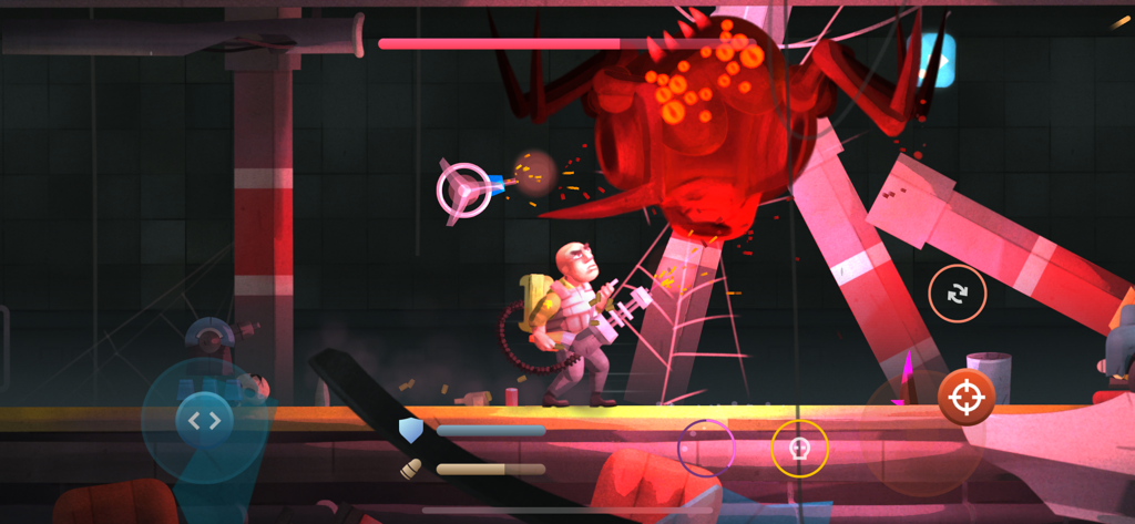 Don Zombie: Guns and Gore - Personaje de Don Zombie luchando contra un jefe araña gigante de múltiples ojos rojos en un nivel subterráneo estilizado