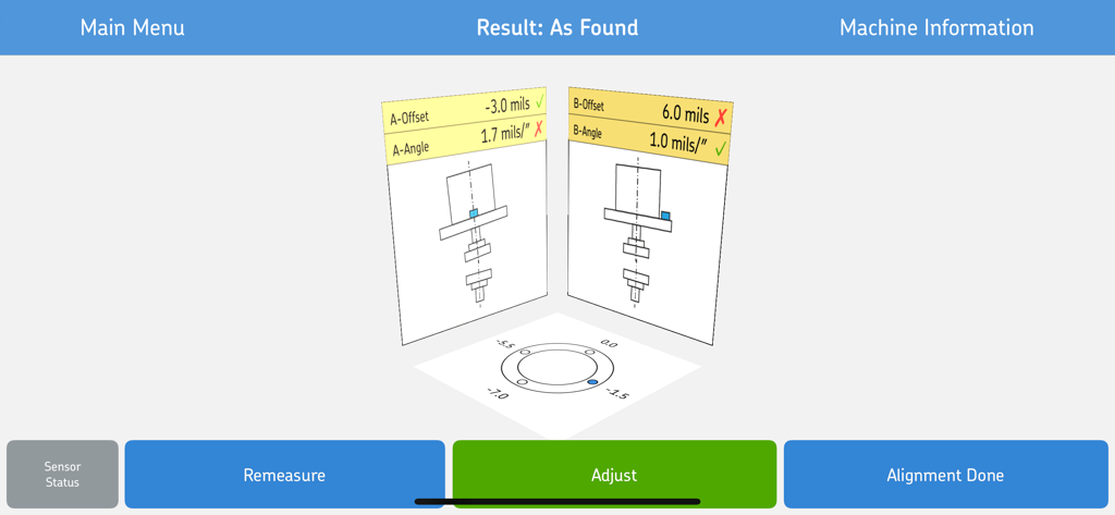SKF Vertical Shaft Alignment app showing As Found results with 3D visualization and measurement values