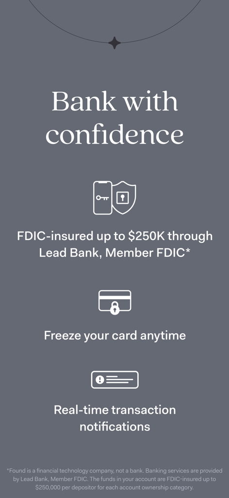 Security features of the Found Business Banking app showing FDIC insurance and card freeze options.