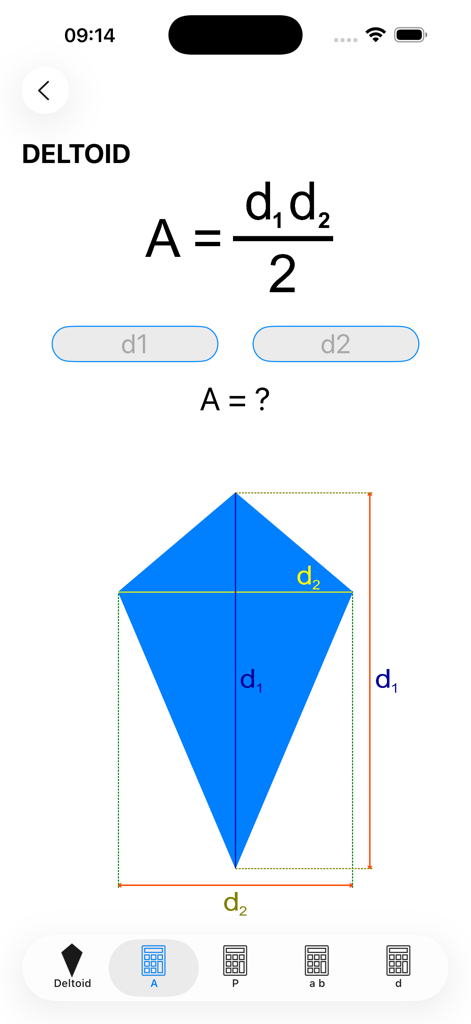 Geometry!! - Geometryアプリのスクリーンショット。デルトイド面積の公式と対話型の凧の図が表示されています。