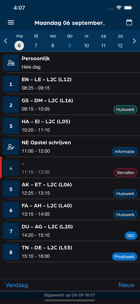 A mobile app interface displaying a student daily schedule with class periods and homework labels