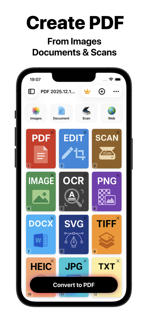 Image to PDF - Scan & Edit App - Interface do aplicativo Compositor de PDF mostrando vários formatos de arquivo como JPG PNG e DOCX prontos para serem convertidos em PDF