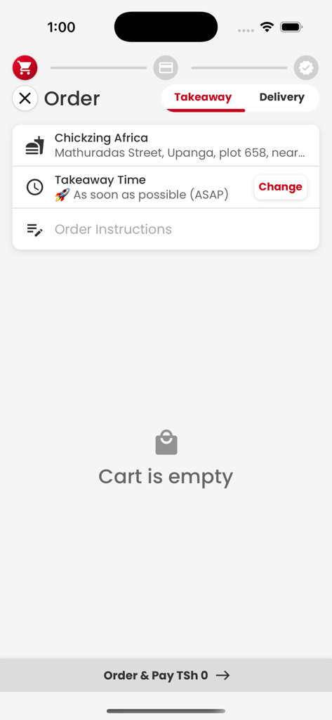 Chick Zing - Pantalla de carrito vacío en la aplicación móvil Chick Zing mostrando opciones para llevar y a domicilio