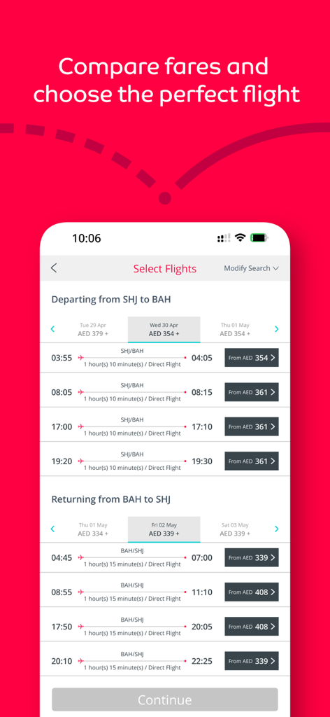 Écran de sélection de vol de l'application Air Arabia montrant les tarifs et les horaires