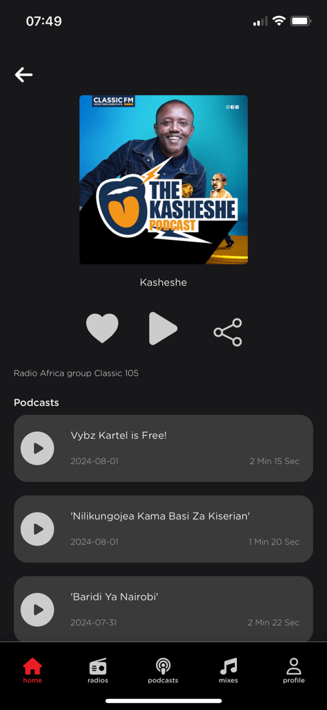 Songa Play - Songa Play app interface showing the Kasheshe podcast page with playback controls and a list of available episodes