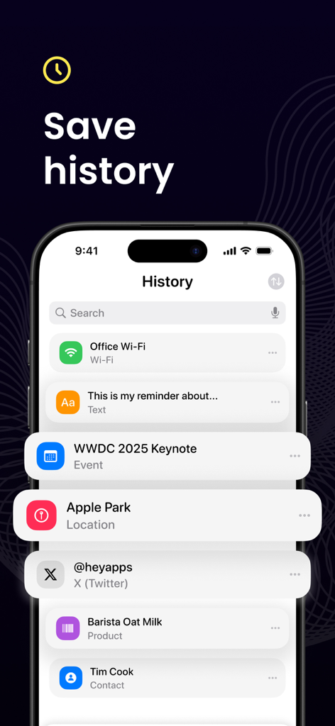 QR Code Reader · Barcode Maker - Ein iPhone-Bildschirm, der eine Historie gescannter QR-Codes und Barcodes anzeigt, einschließlich WLAN-Passwörtern, Kalenderereignissen und Kontaktinformationen.
