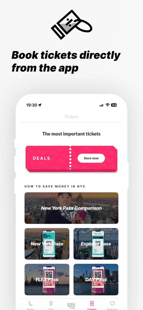 Interfaz de la aplicación para reservar pases turísticos y entradas a atracciones de Nueva York