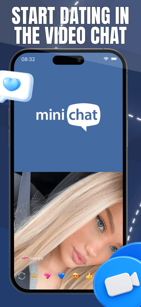 Minichat: find new friends - Interface of the Minichat app showing a video chat screen with a user profile and social reaction icons.