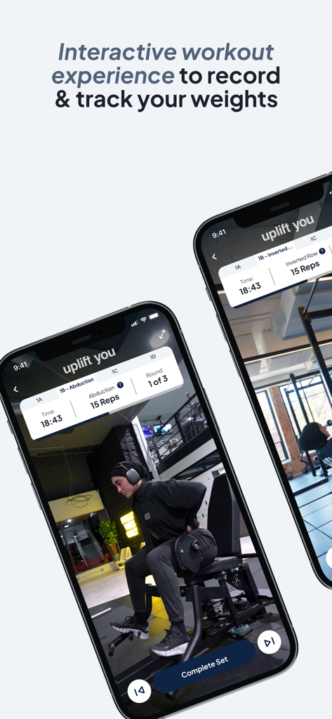 Uplift You - Two smartphone screens displaying the Uplift You app interactive workout tracker with video demonstrations and exercise stats.