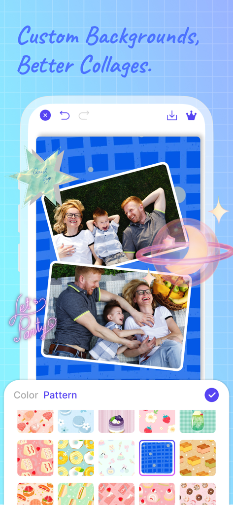 AI Photo Editor: Collage Maker - 青い柄の背景と、お菓子や花のような追加のパターンオプションのメニューが付いた家族写真コラージュを表示するモバイルアプリのインターフェース。
