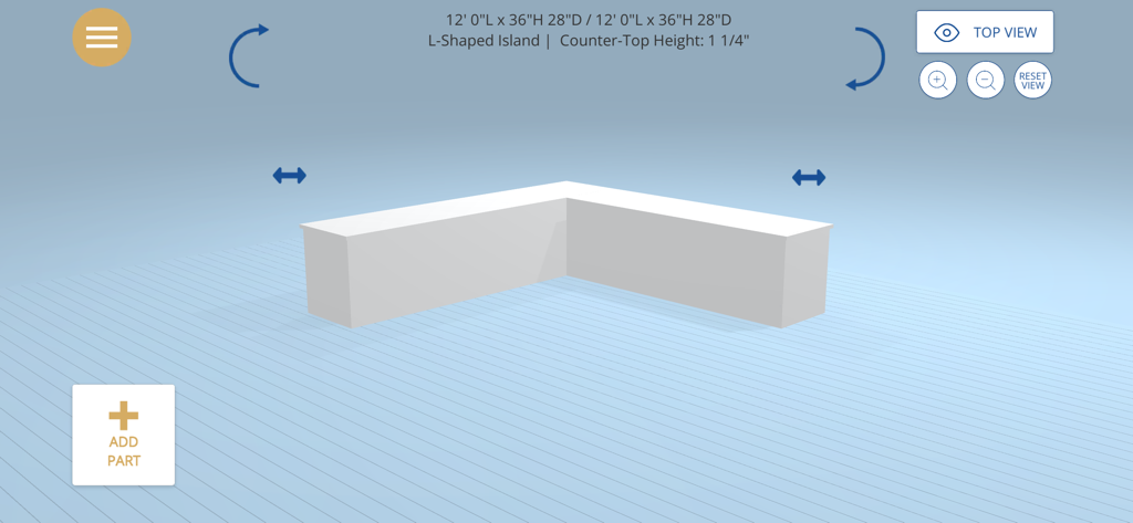 A 3D model of an L-shaped outdoor kitchen island base within the Pro-Fit design interface.