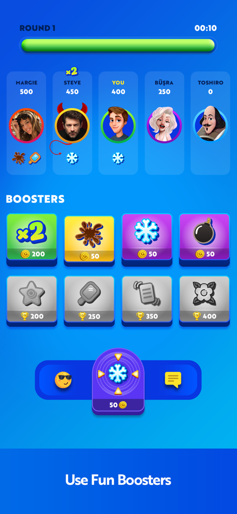 Quiz Crush: Trivia & Friends - A game interface showing the boosters menu in Quiz Crush trivia where players can use superpowers like mud and ice against opponents during a match.