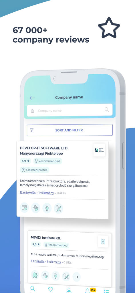 Profession.hu: Fast Job Search - Profession.hu app screen displaying company reviews and ratings