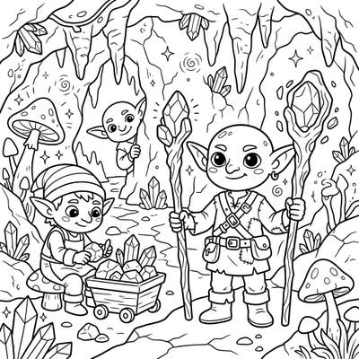 Journey deep into a fantastical cave and meet a group of friendly cave goblins collecting sparkling crystals. This charming coloring page, designed for kids, offers an engaging and imaginative artistic adventure.