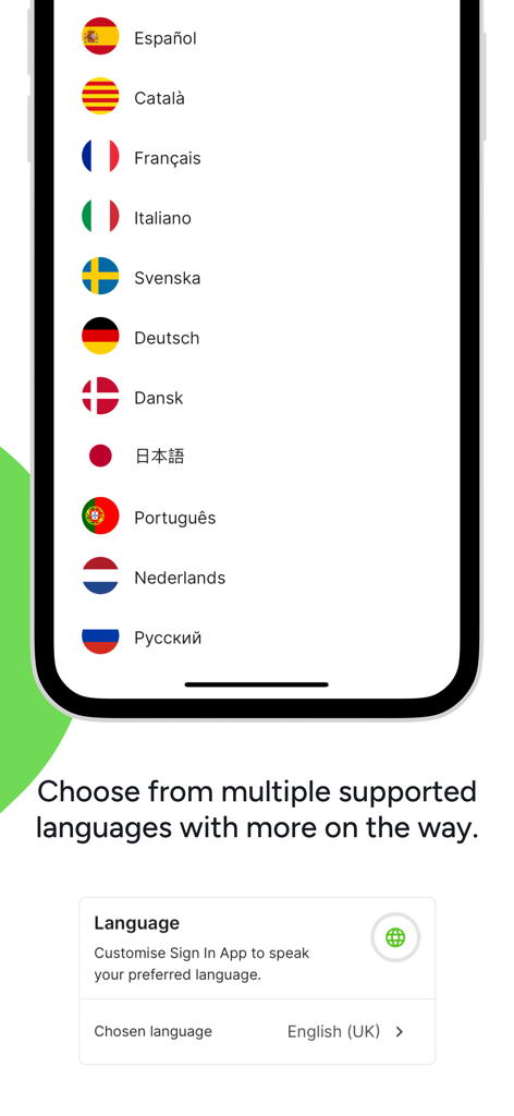 Sign In Companion - Eine Liste unterstützter Sprachen mit Flaggen-Symbolen innerhalb der Sign In Companion mobilen App.