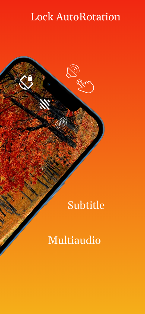 MX Player interface showing rotation lock subtitle and multiaudio features on a video of an autumn forest