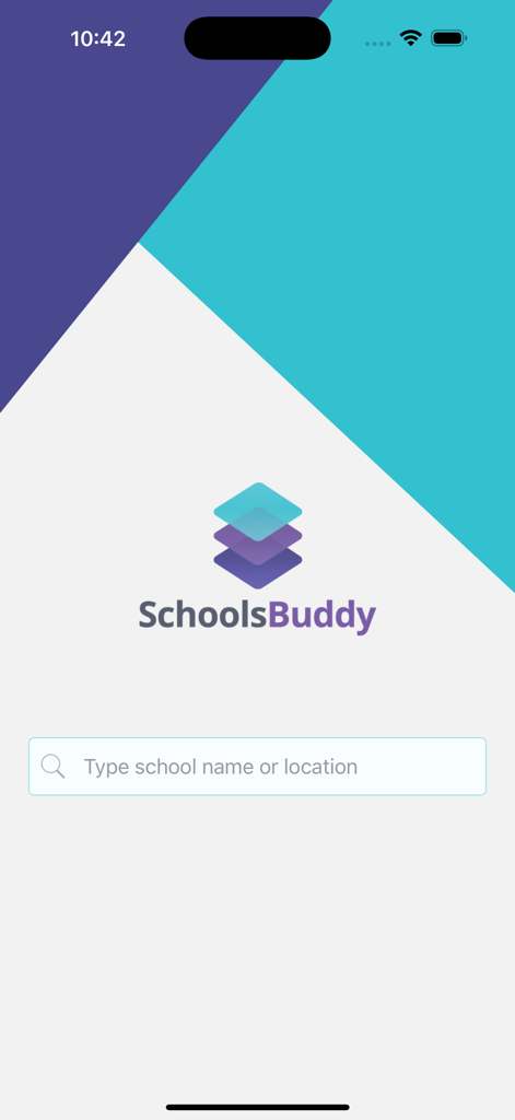 SchoolsBuddy 2.0 - Pantalla de búsqueda de la aplicación SchoolsBuddy con una barra de búsqueda para escribir el nombre o la ubicación de la escuela