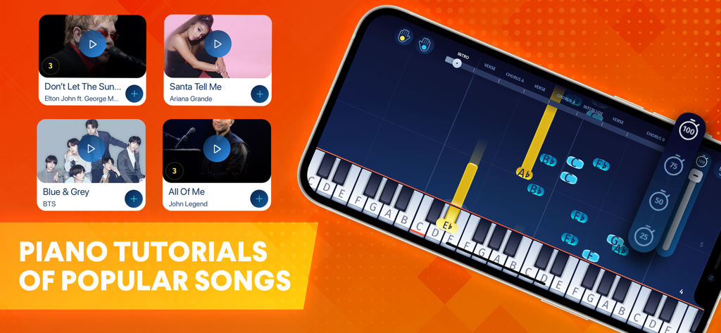 OnlinePianist: Piano Songs - OnlinePianist app interface displaying piano tutorials for popular songs and a virtual keyboard with falling notes.
