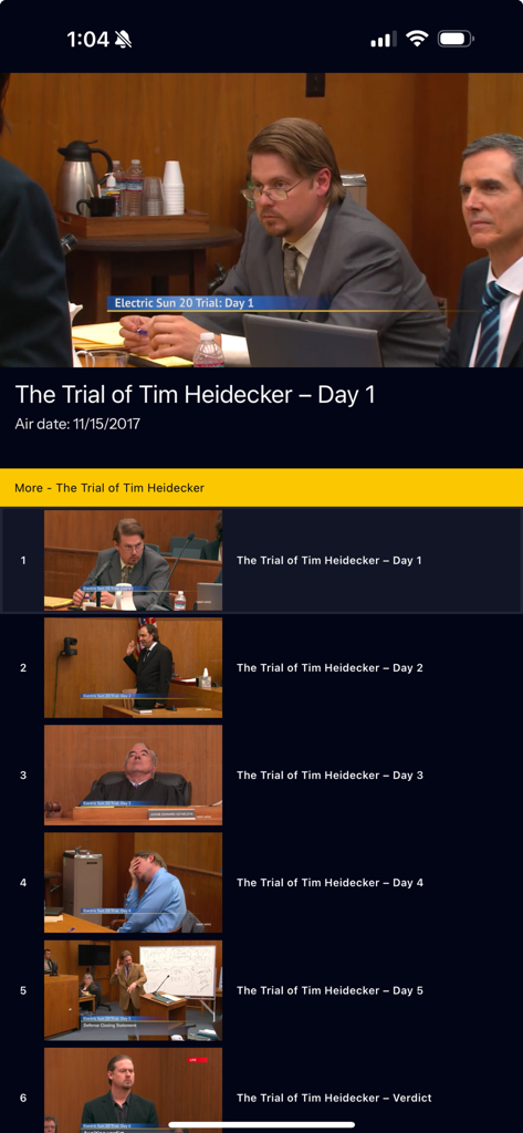 HEINetwork - Episode list for The Trial of Tim Heidecker on the HEINetwork mobile app interface.