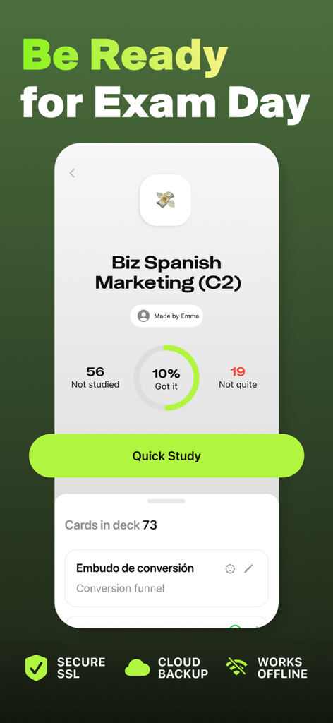 Flashy: Flashcards Maker - Flashy app interface displaying a flashcard deck titled Biz Spanish Marketing with progress statistics and a Quick Study button.