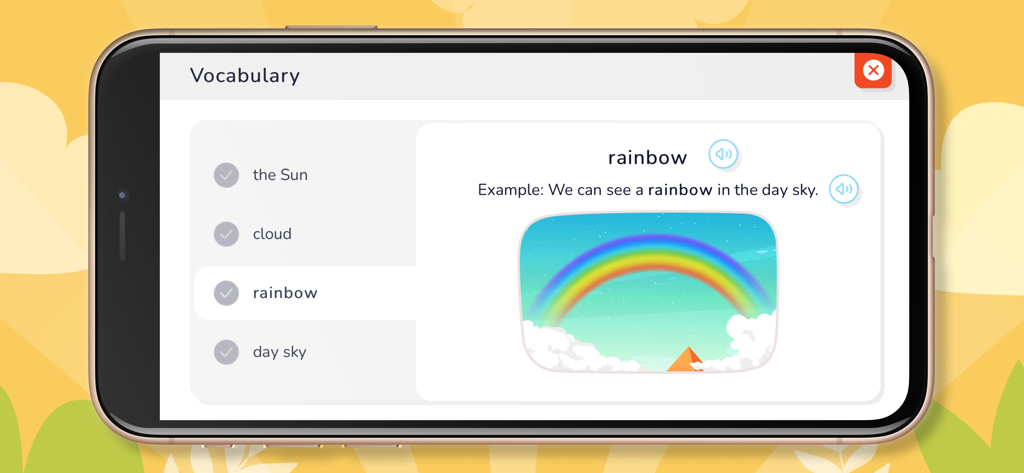 iSMART Pro - Schermata del vocabolario dell'app iSMART Pro che mostra la parola arcobaleno con un'illustrazione e una frase di esempio