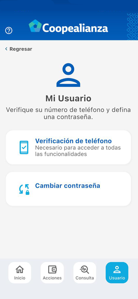 Coopealianza Sinpe Móvil - User profile screen of the Coopealianza app with options for phone verification and changing passwords.