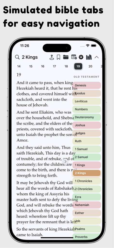 Interfaz de la aplicación Bible Tiles mostrando pestañas de libros simuladas y coloridas para una navegación fácil a través de las escrituras.