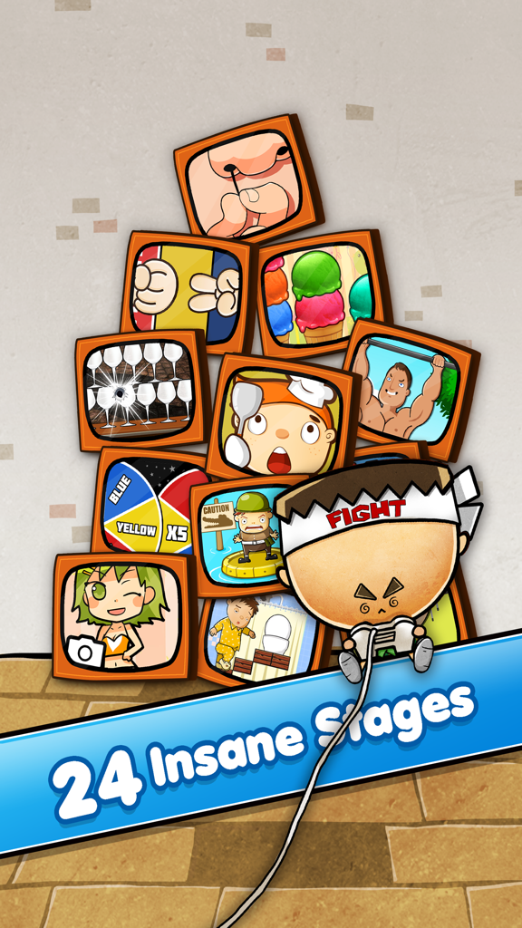 Hardest Game Ever 2 - A collection of cartoon mini game previews displayed on a stack of small TVs with a character holding a game controller and text reading 24 Insane Stages