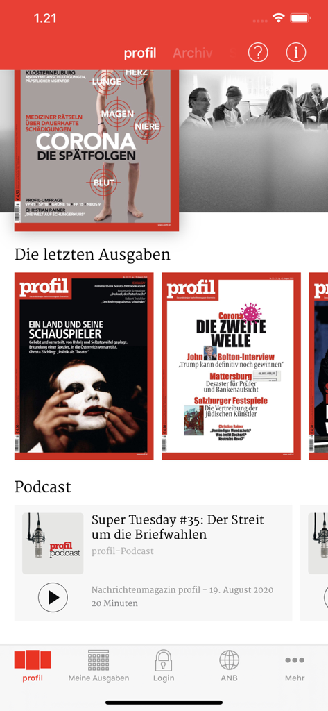 Una captura de pantalla de la pantalla de inicio de la aplicación profil ePaper que muestra las portadas de las revistas y la lista de pódcasts