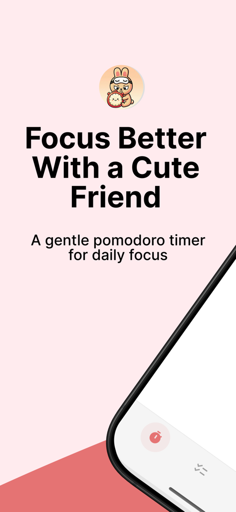 Pomolings - Pomodoro Timer - Pantalla de bienvenida de la aplicación Pomolings con un personaje de conejo tierno y el texto Enfócate Mejor con un Amigo Tierno