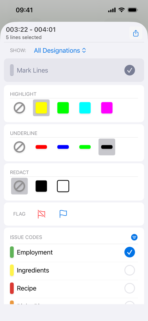TranscriptPad - Review Depos - Annotation and issue coding interface in the TranscriptPad mobile app for highlighting and redacting legal depositions