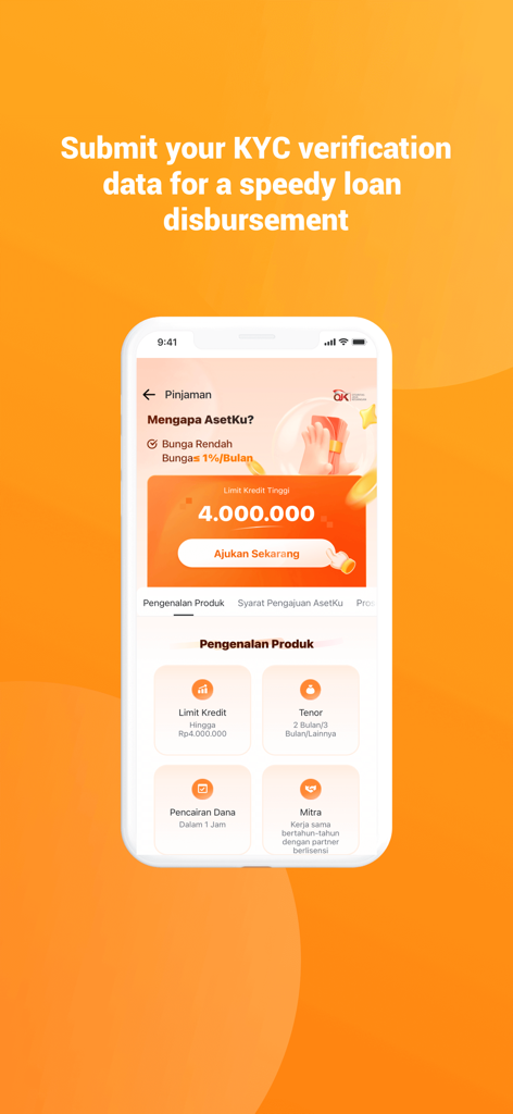 AsetKuアプリが迅速なローン支払いのためKYC認証を促すスクリーンショット。
