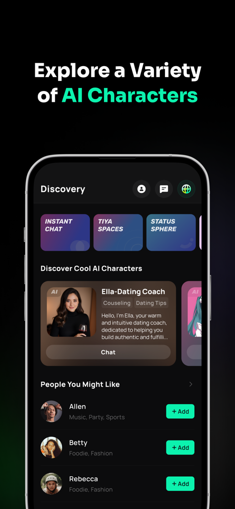 AIキャラクターと推奨される友達を表示するTIYAアプリの発見画面