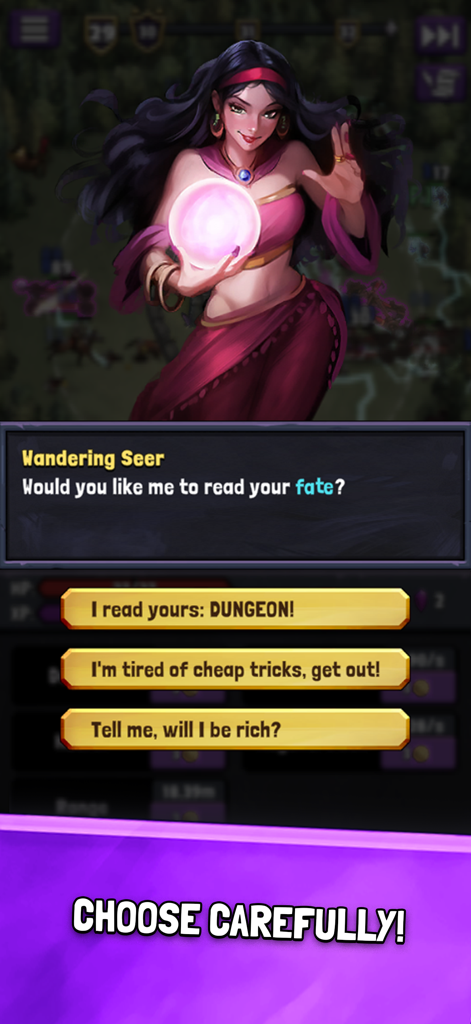 Evil Tower - Idle Defense TD - Wandering Seer dialogue event in Evil Tower Idle Defense TD showing player choice options