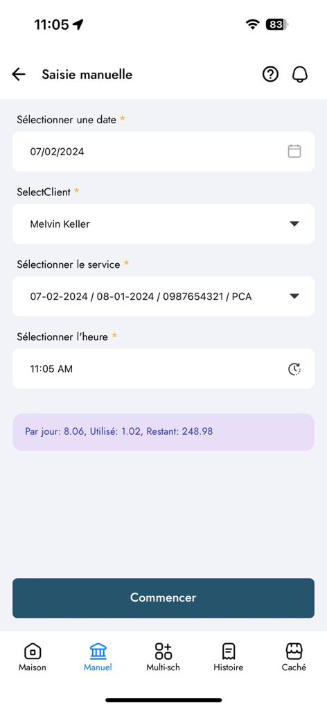 RevivingCare EVV - RevivingCare EVV manual entry screen showing fields for date client service and time selection