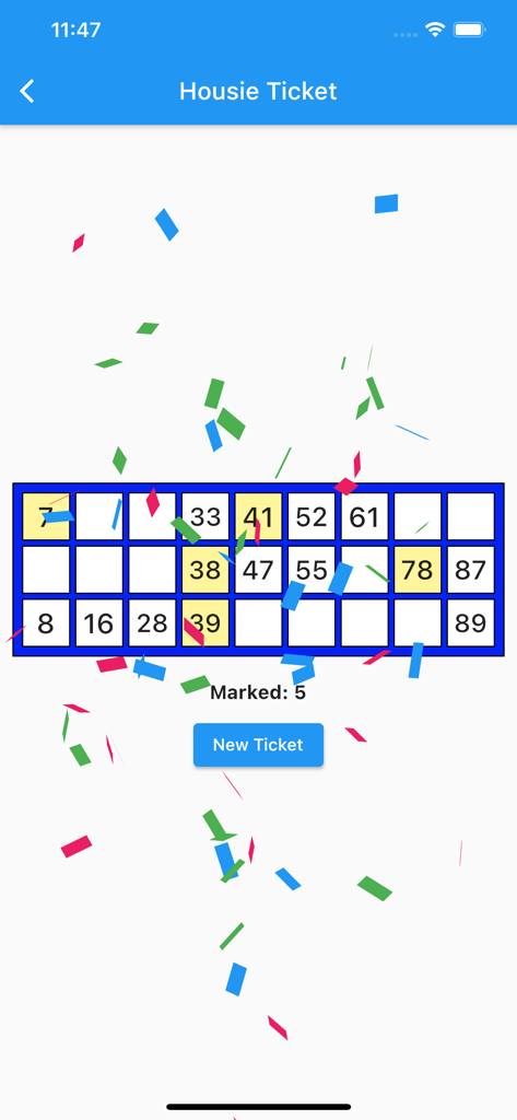 Housie Ticket Generator - Digital Housie ticket showing marked numbers and celebratory confetti.